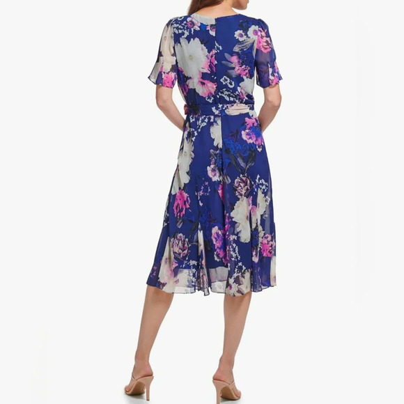 DKNY Women's Floral Print Goddet-Trim Midi Dress Size 12 - Picture 3 of 13